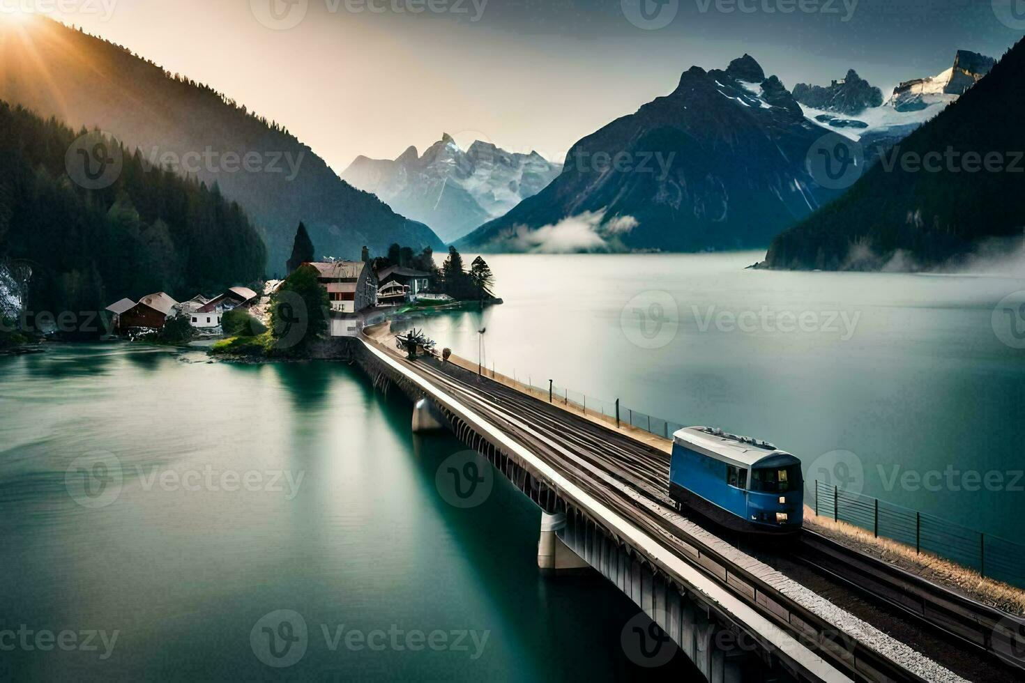 een trein op reis over- een brug in de bergen. ai-gegenereerd foto