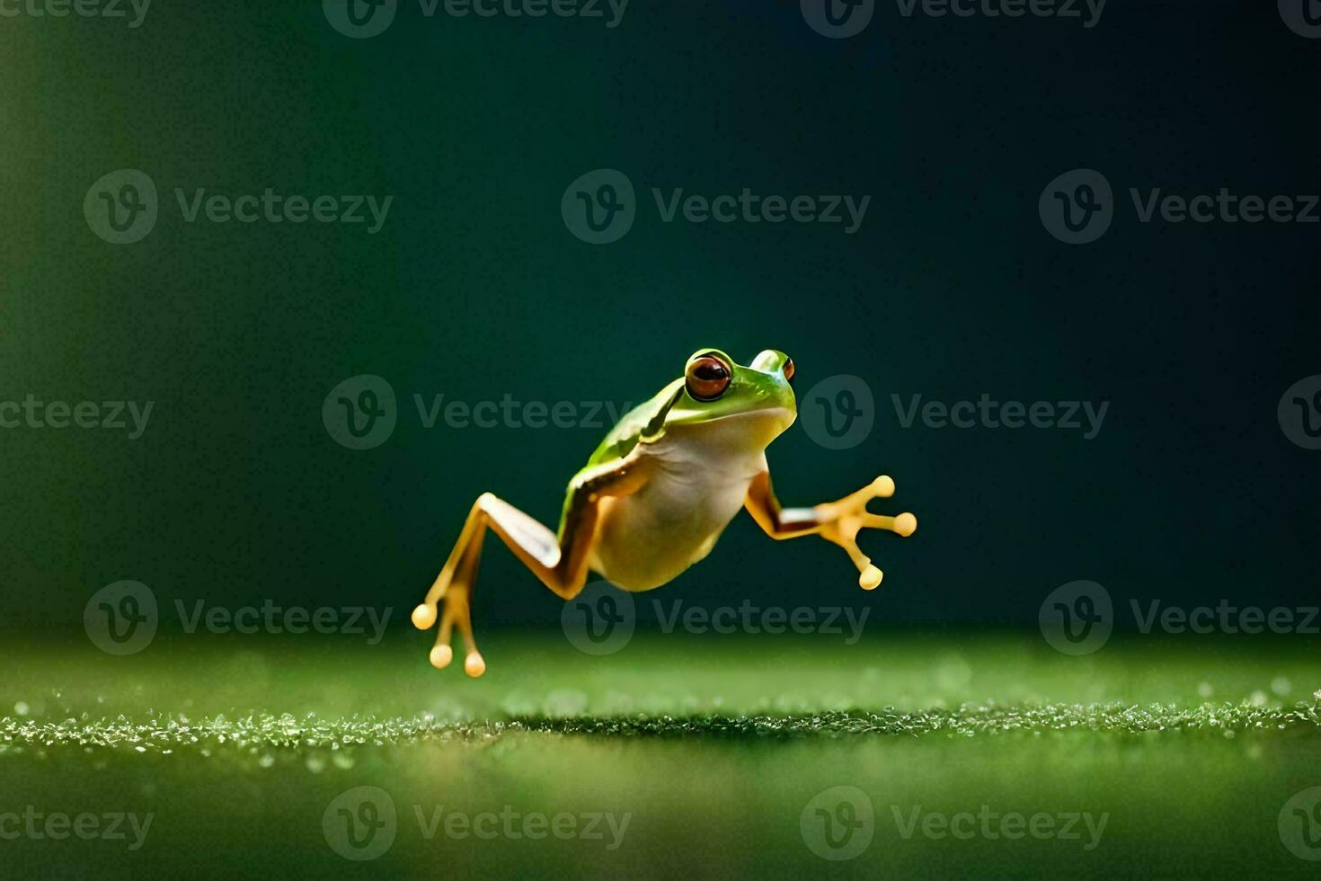 een kikker jumping Aan de gras. ai-gegenereerd foto