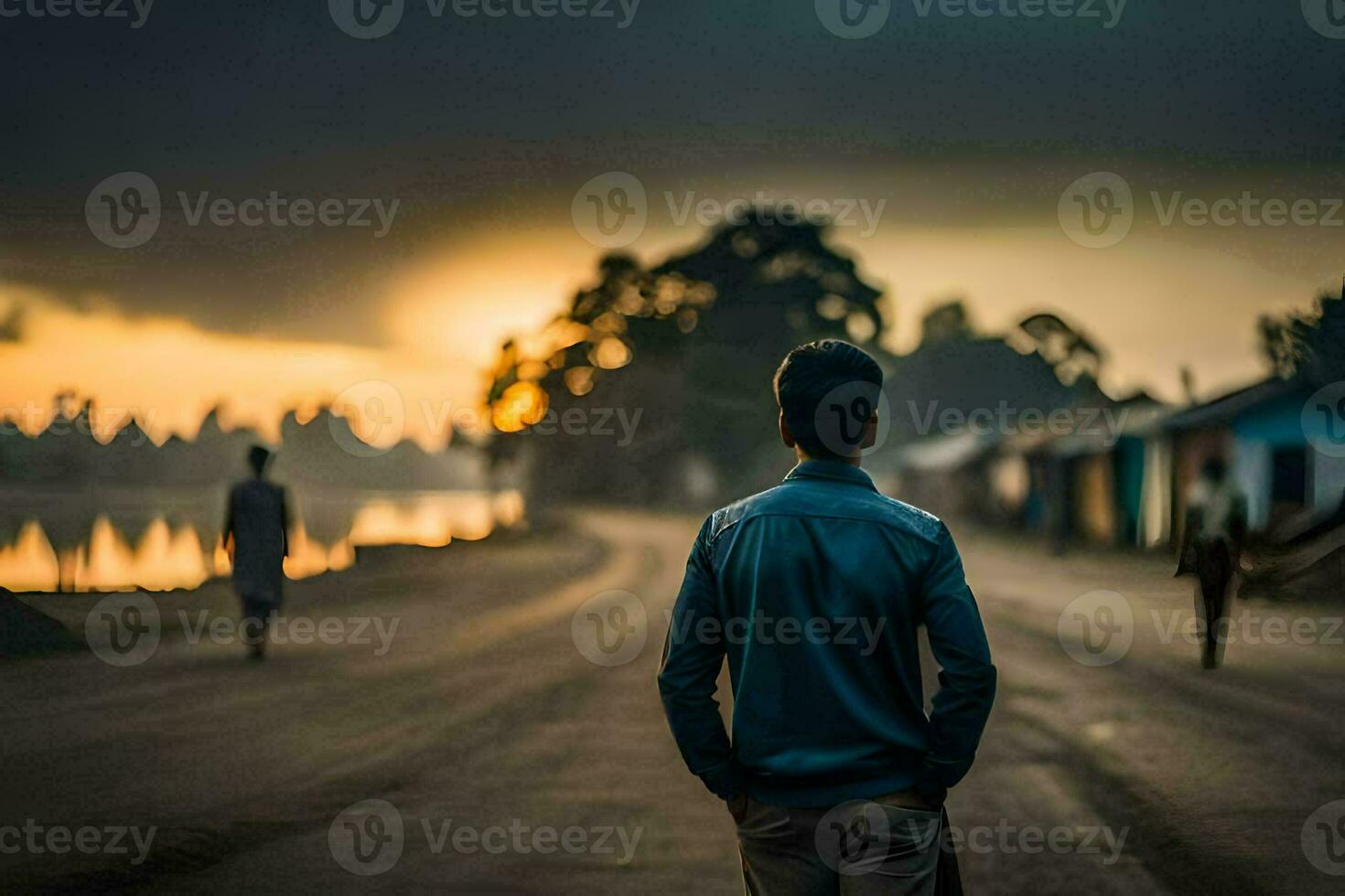 een Mens is wandelen naar beneden een weg Bij zonsondergang. ai-gegenereerd foto