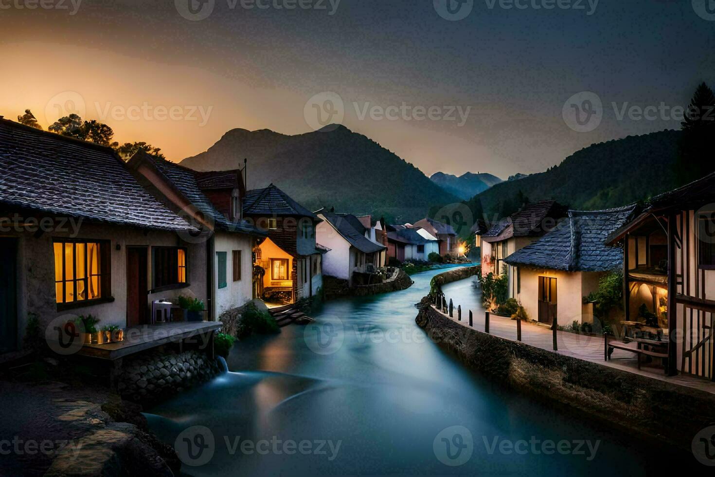foto behang de lucht, water, bergen, rivier, huizen, de dorp, de rivier,. ai-gegenereerd