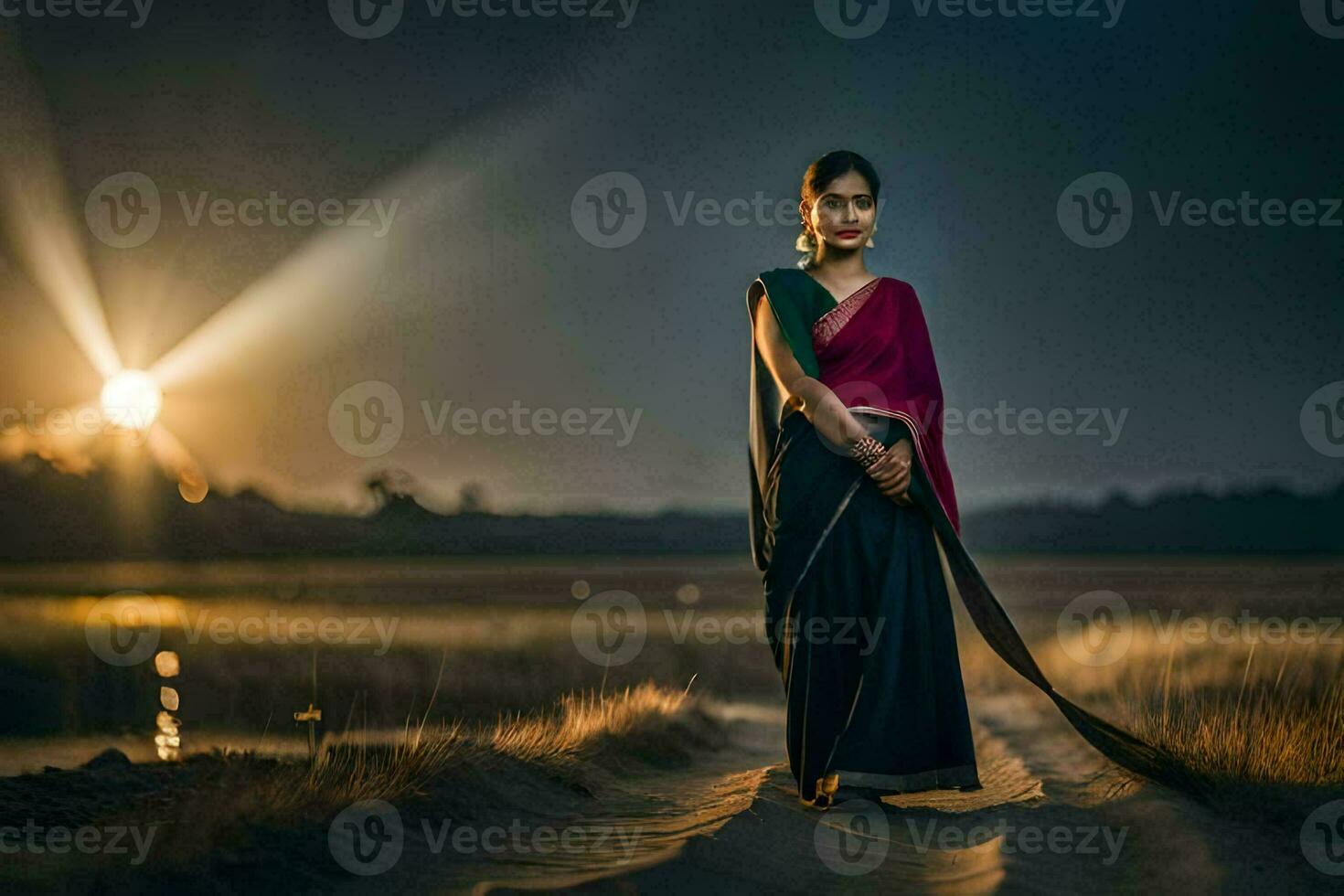 een mooi vrouw in een sari staand in de zand. ai-gegenereerd foto