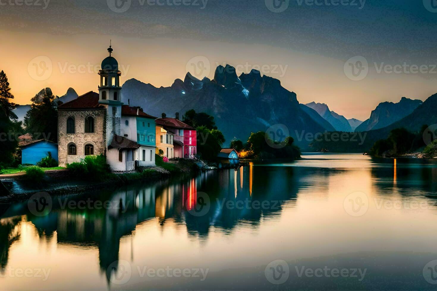 foto behang de lucht, bergen, meer, huis, de lucht, de bergen, de meer. ai-gegenereerd