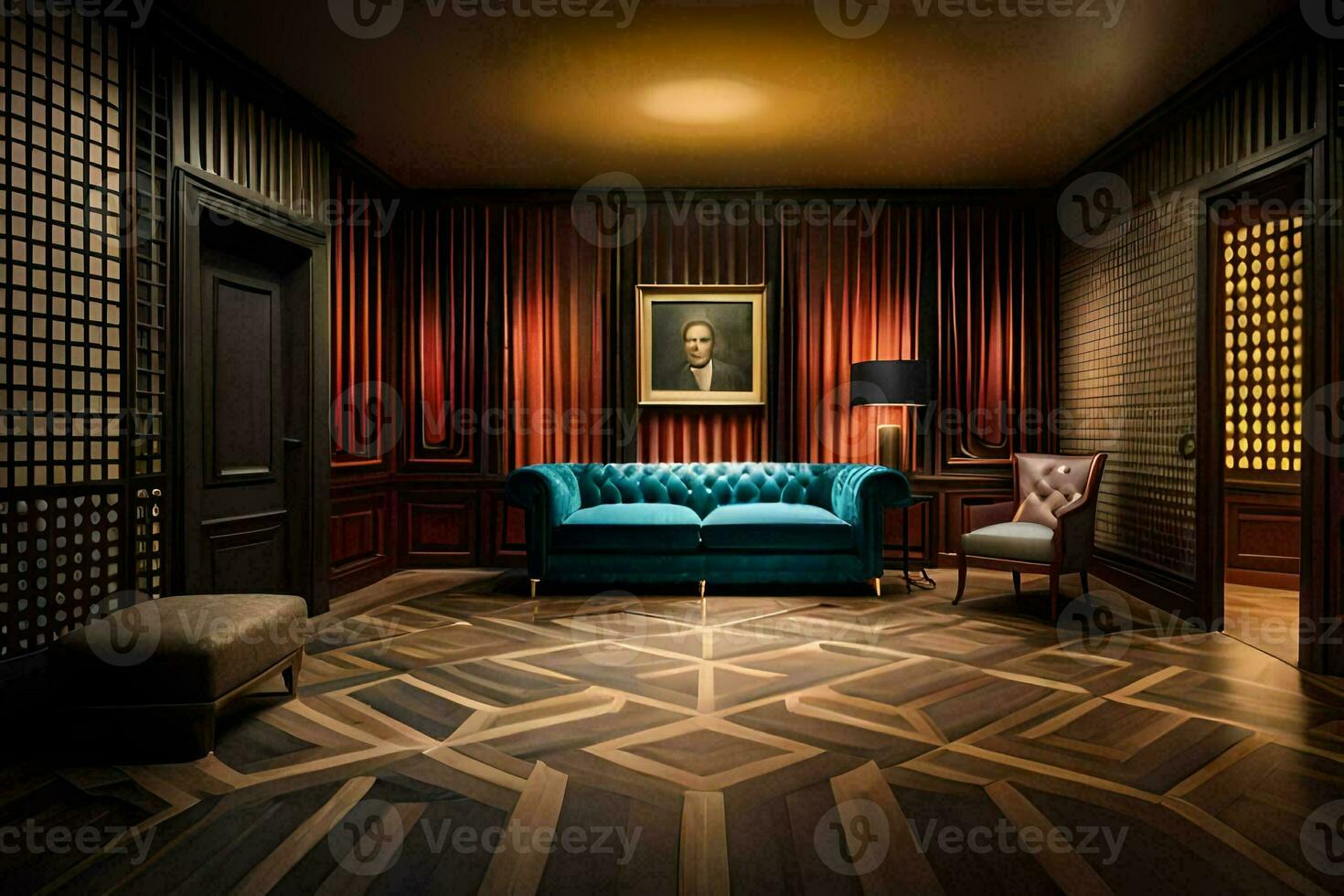 de kamer is versierd met hout lambrisering en een blauw bank. ai-gegenereerd foto