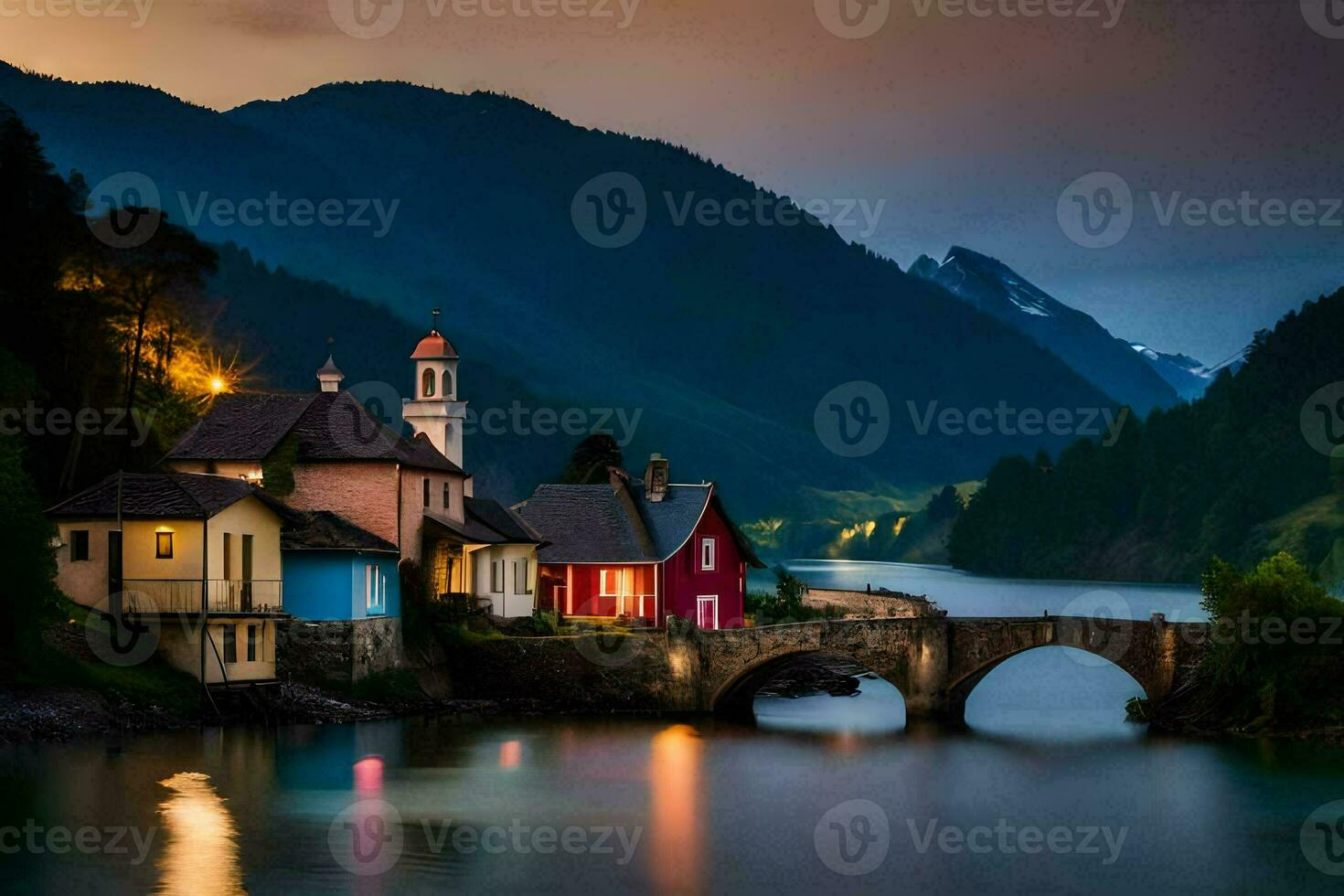 foto behang de lucht, water, bergen, brug, huis, dorp, zonsondergang, de nacht. ai-gegenereerd