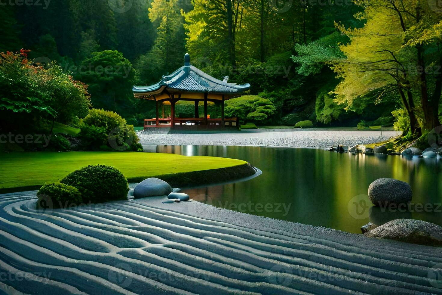 een Japans tuin met een pagode en rotsen. ai-gegenereerd foto