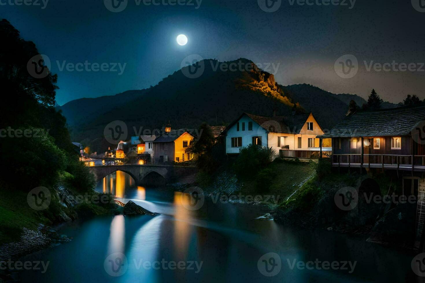 foto behang de maan, nacht, rivier, dorp, maan, rivier, maanlicht, rivier. ai-gegenereerd