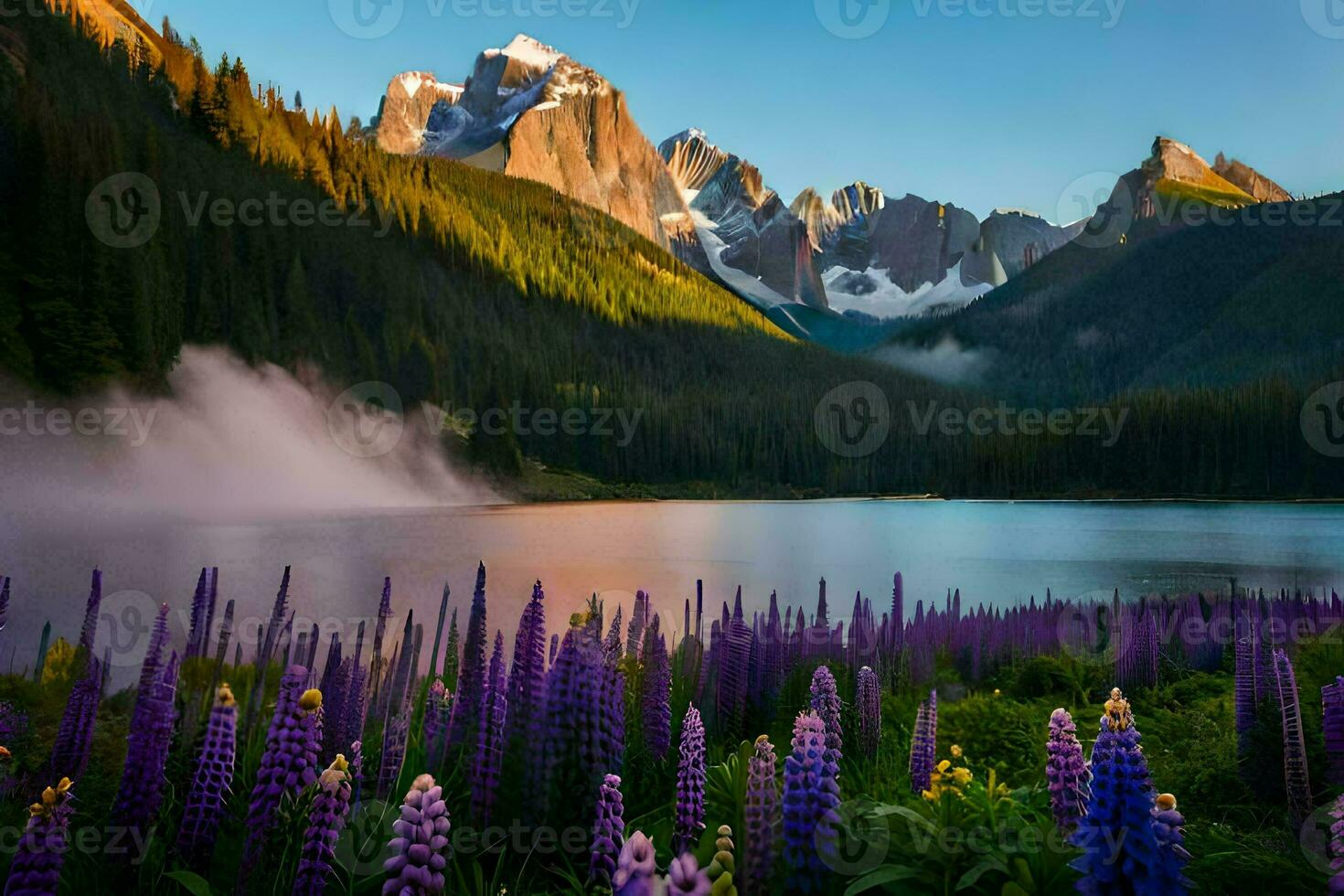 de meer en bloemen in de bergen. ai-gegenereerd foto
