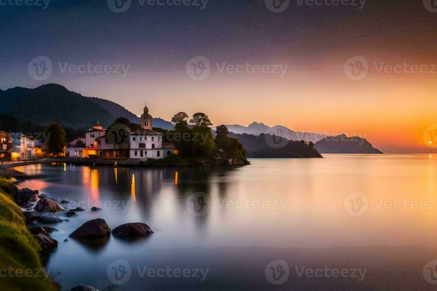 een mooi zonsondergang over- een meer en bergen. ai-gegenereerd foto