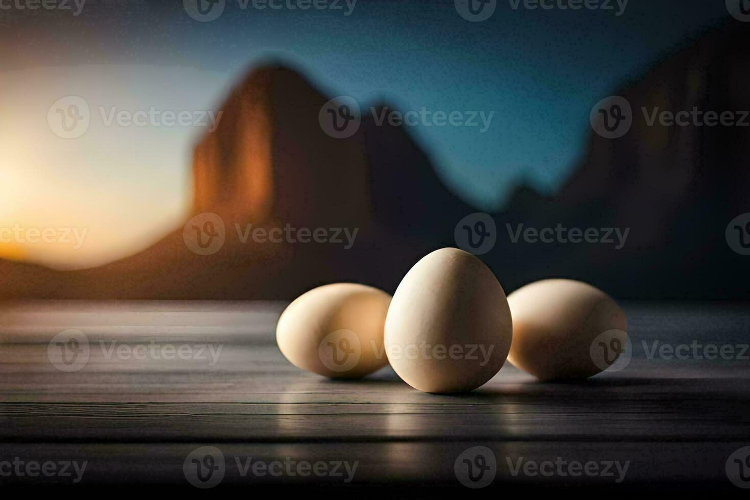 drie eieren Aan een tafel met bergen in de achtergrond. ai-gegenereerd foto