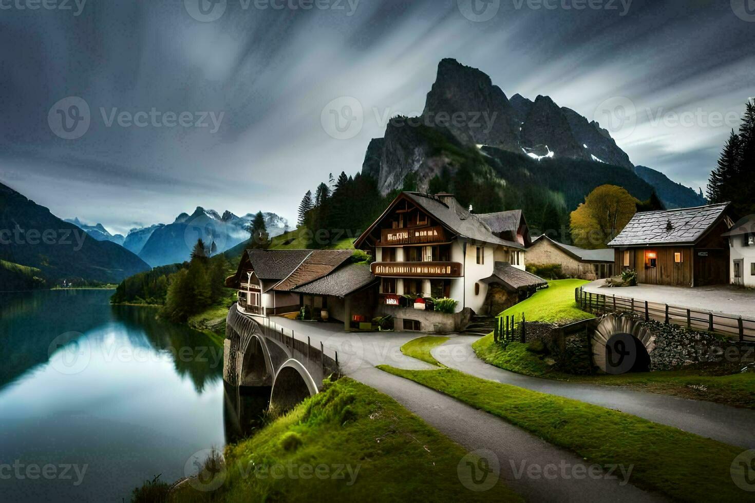 een meer en berg dorp in de Alpen. ai-gegenereerd foto