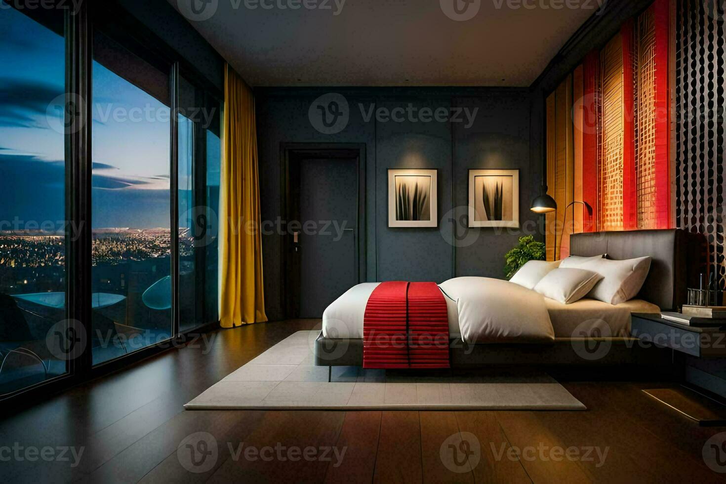 een slaapkamer met een visie van de stad Bij nacht. ai-gegenereerd foto
