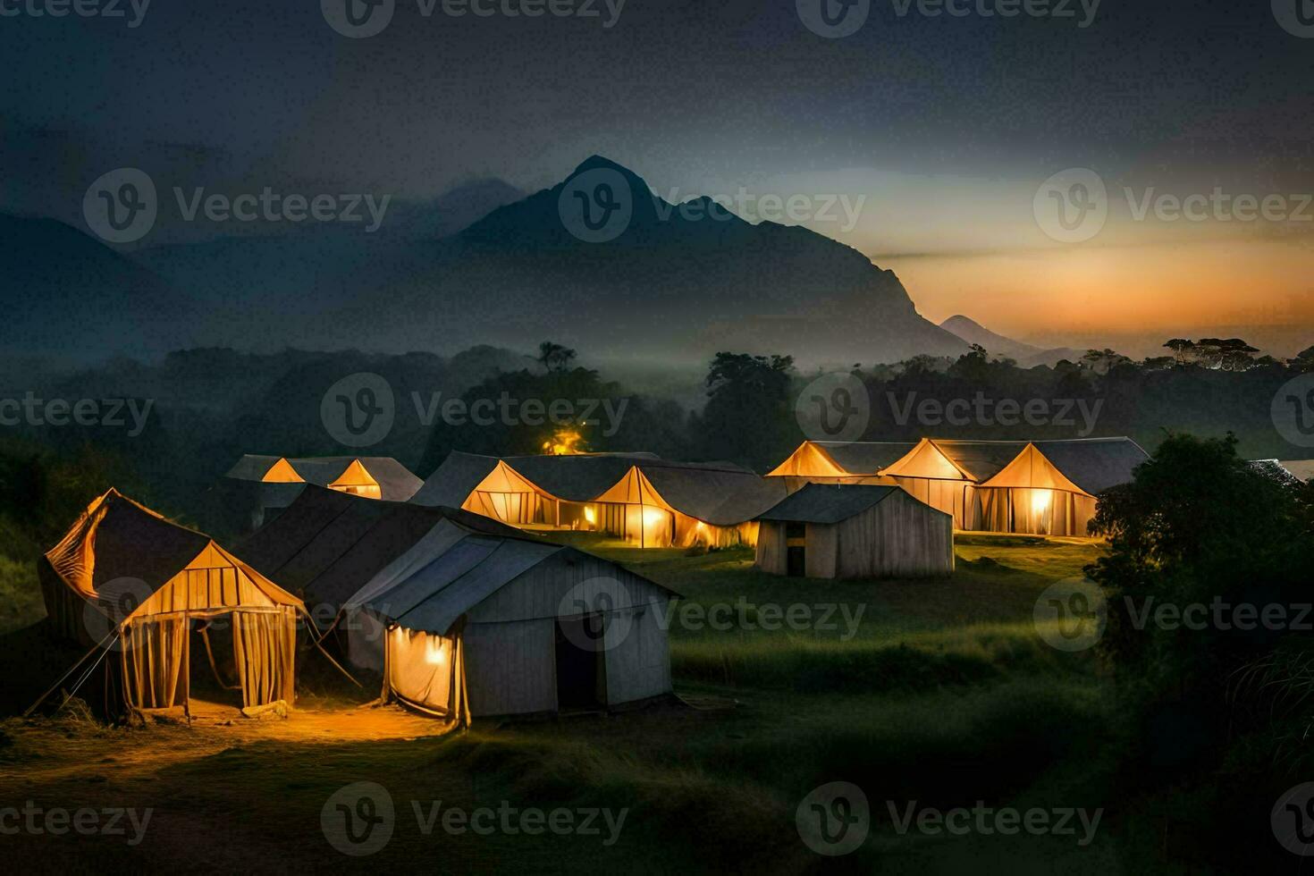 de nacht lucht over- de tenten Bij de kamp. ai-gegenereerd foto