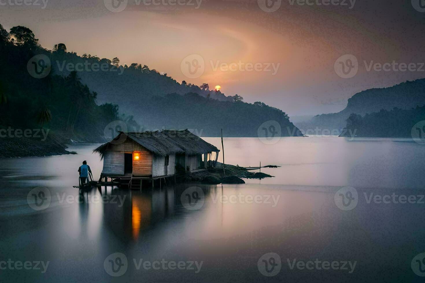 een Mens staat Aan de kust van een meer Bij zonsondergang. ai-gegenereerd foto