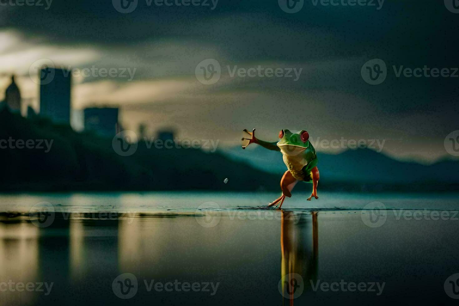 een kikker staand Aan de rand van een meer met een stad in de achtergrond. ai-gegenereerd foto