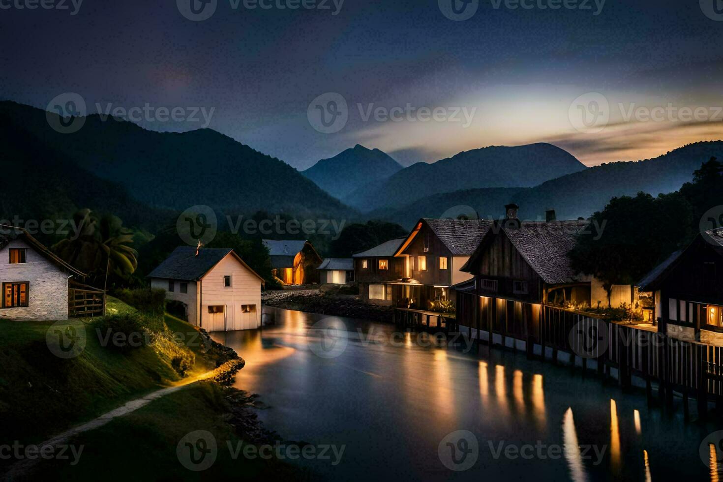 een rivier- loopt door een dorp Bij nacht. ai-gegenereerd foto