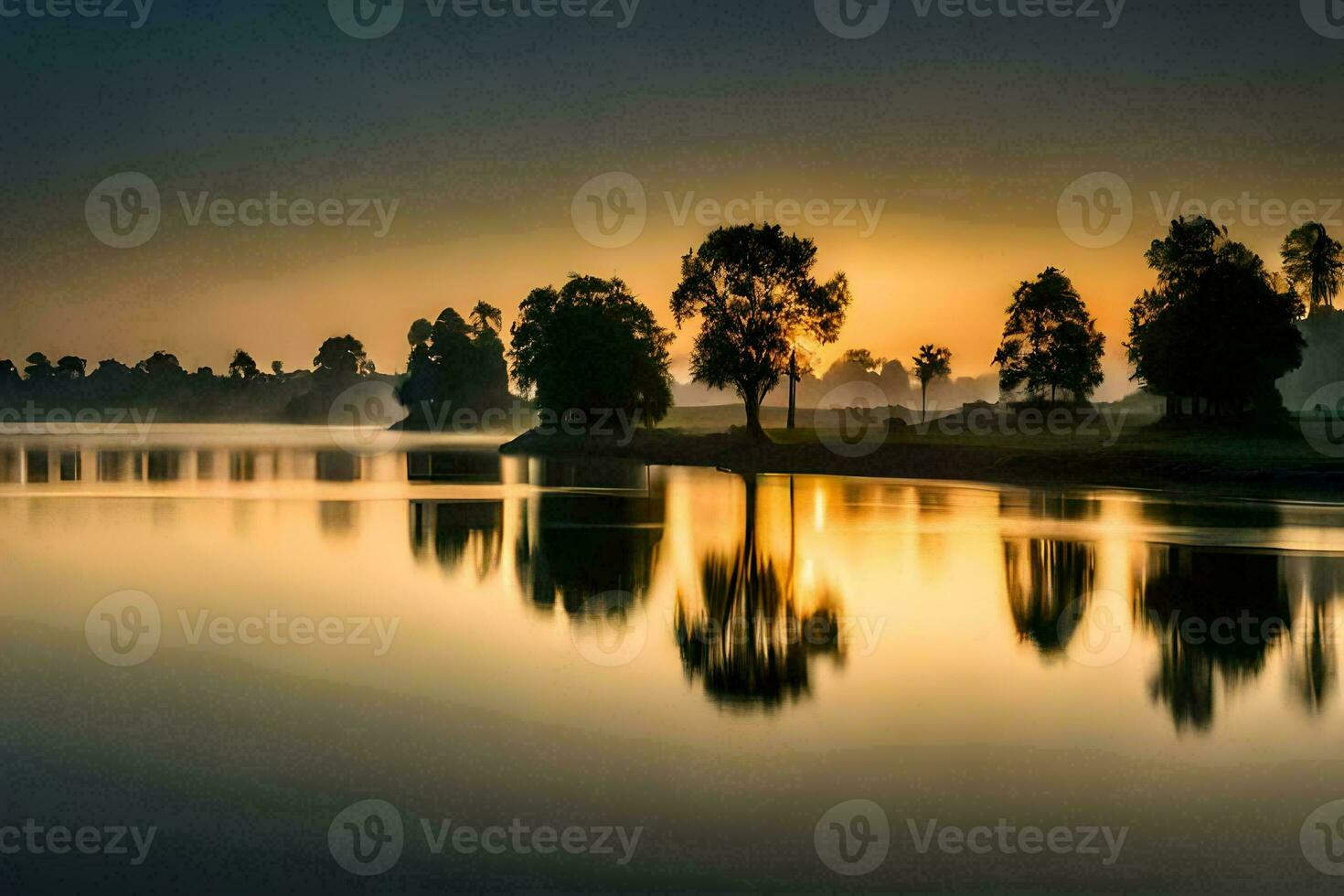 een mooi zonsopkomst over- een meer met bomen. ai-gegenereerd foto