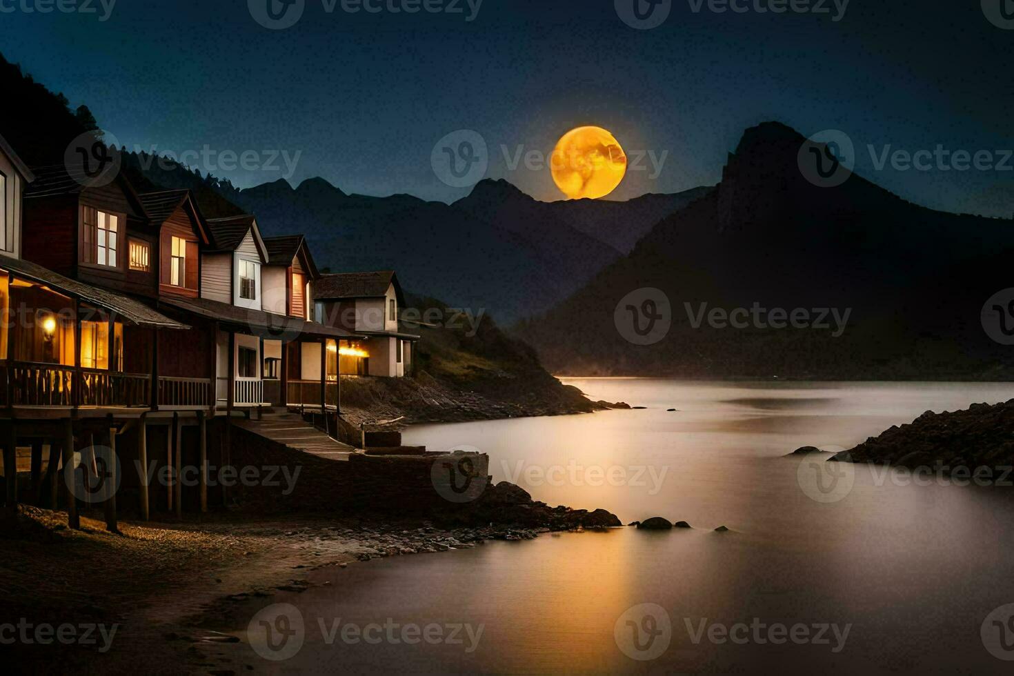 een vol maan stijgt over- een berg reeks en huizen Aan de oever. ai-gegenereerd foto