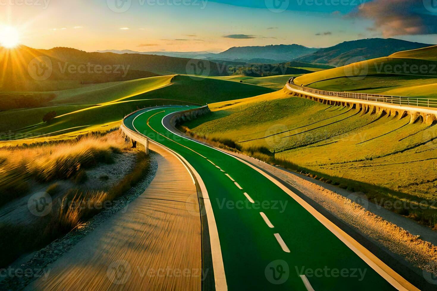 een groen weg kronkelend door de heuvels Bij zonsondergang. ai-gegenereerd foto