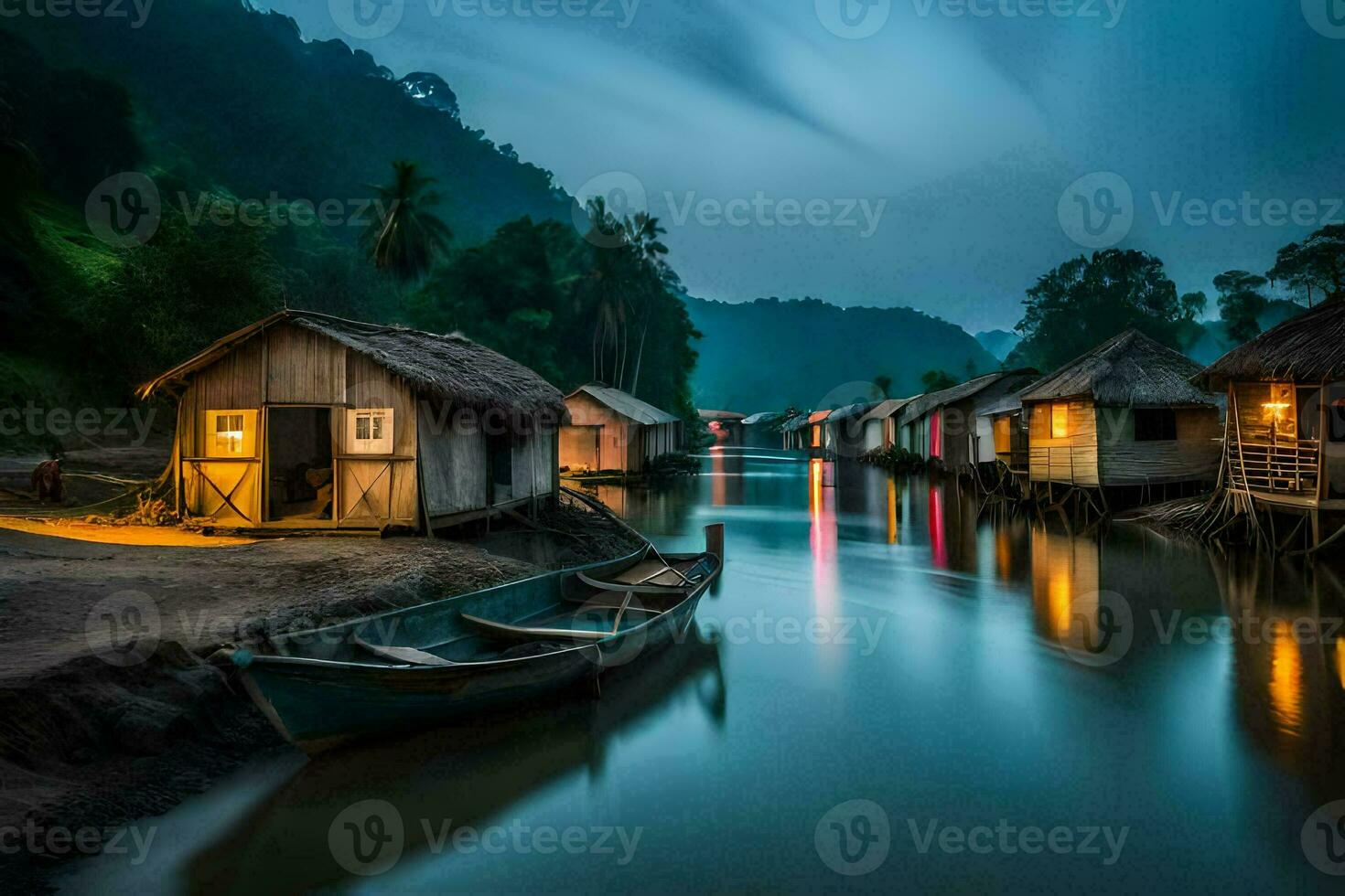 een boot zit Aan de rivier- Bij nacht. ai-gegenereerd foto