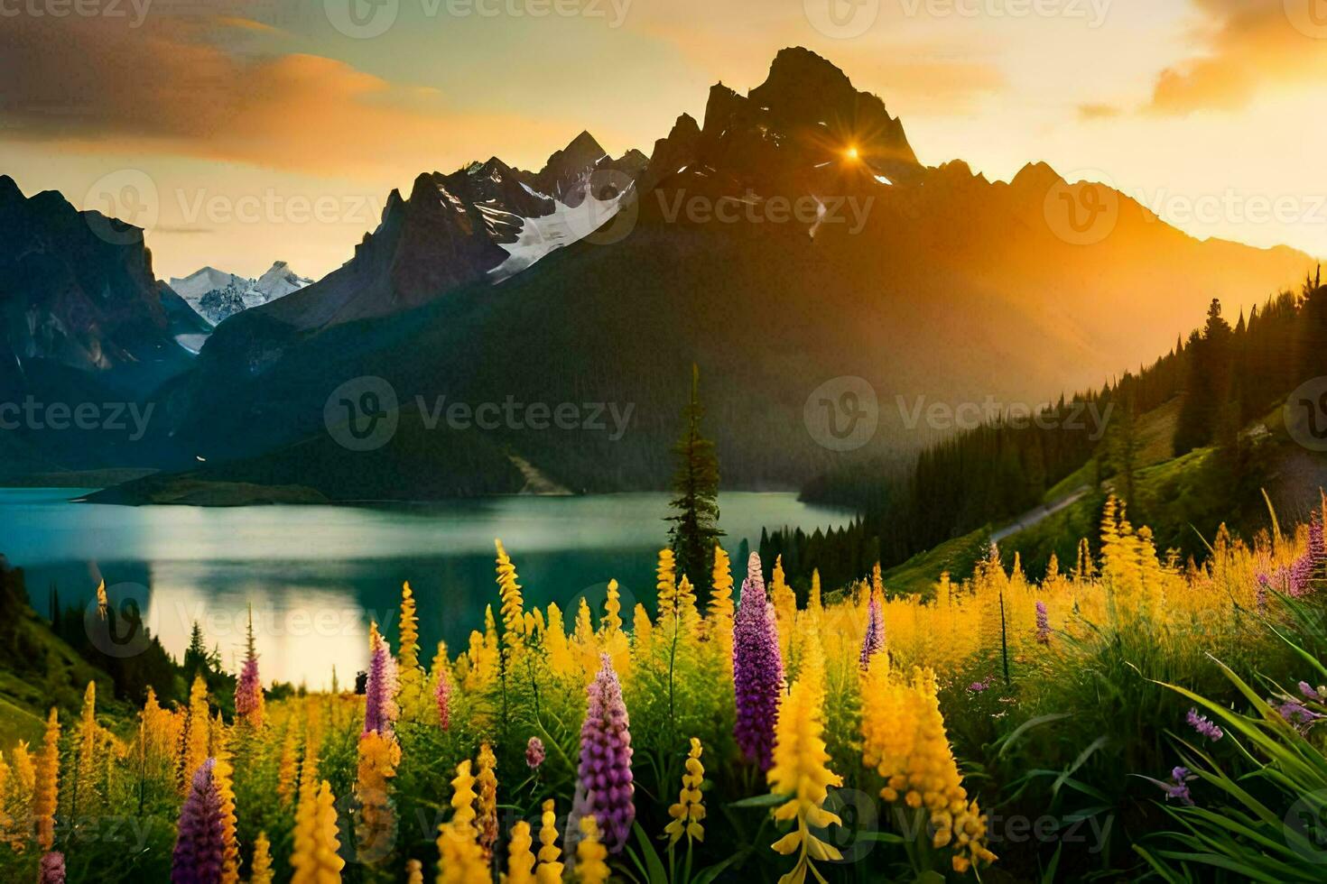 de zon stijgt over- de bergen en bloemen in de voorgrond. ai-gegenereerd foto