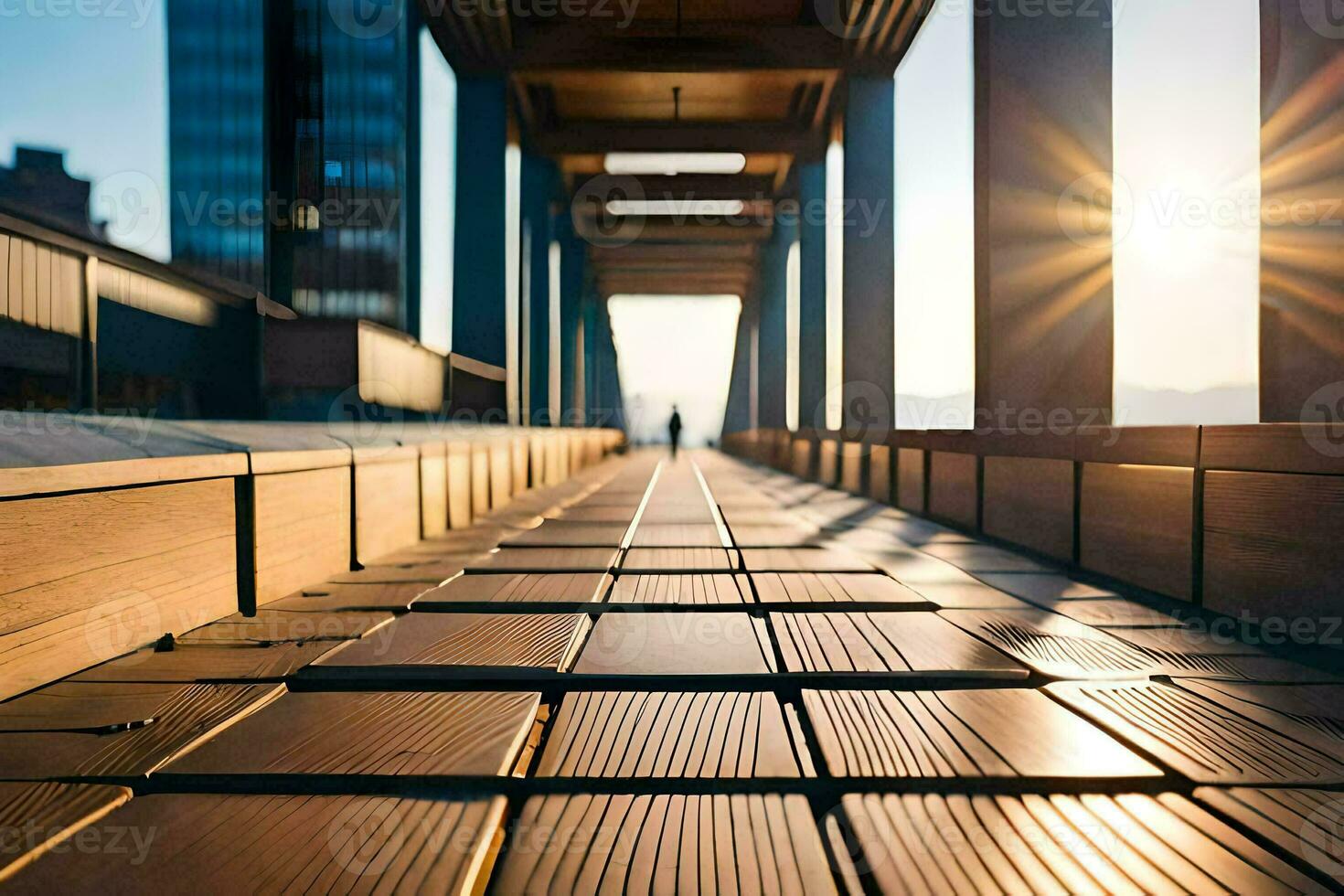 een houten loopbrug met de zon schijnend door het. ai-gegenereerd foto