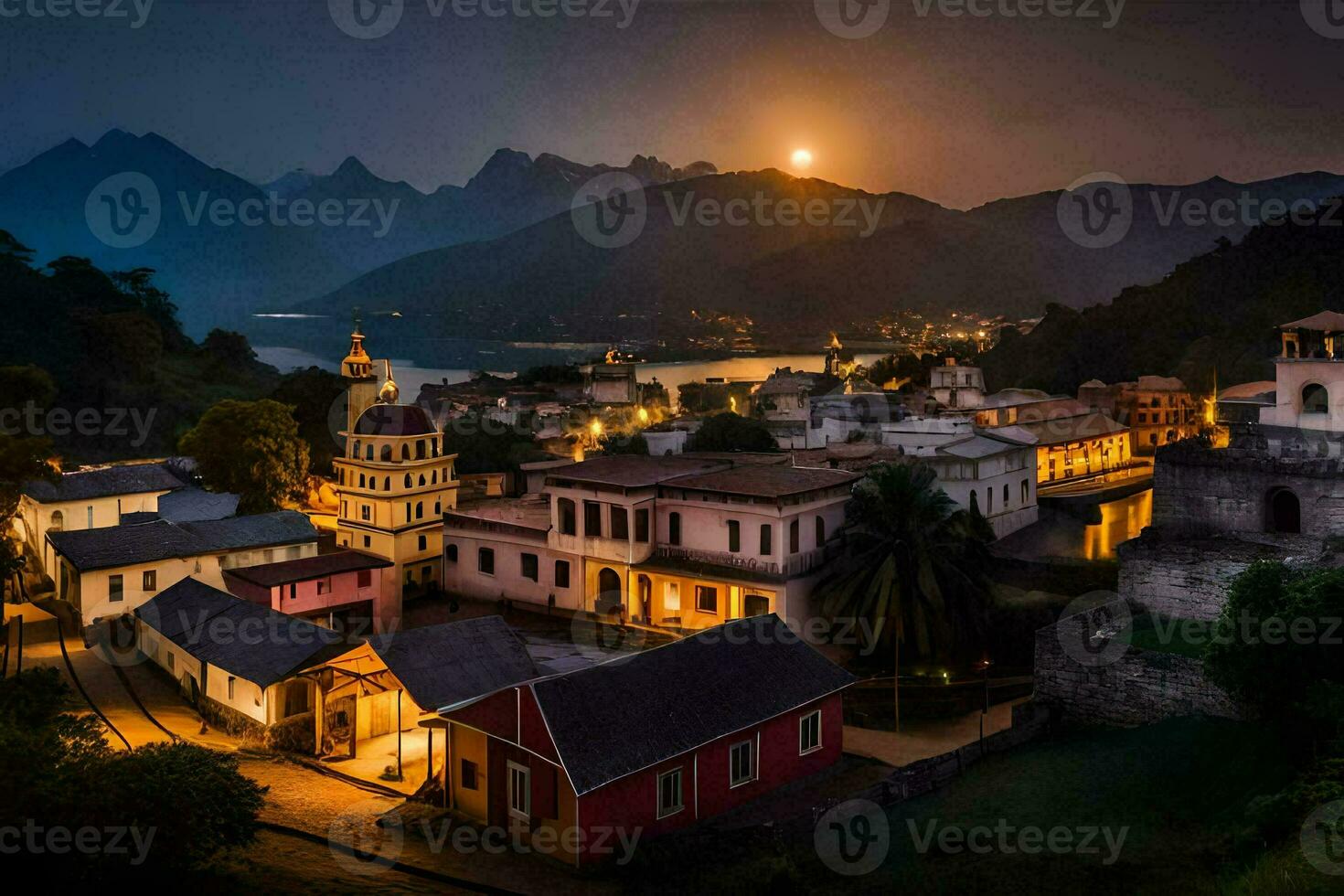 de maan stijgt over- een stad- in de bergen. ai-gegenereerd foto