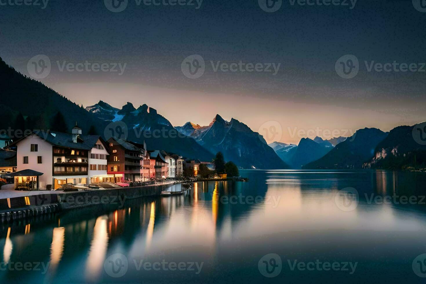 de stad- van hallstatt Bij schemering. ai-gegenereerd foto