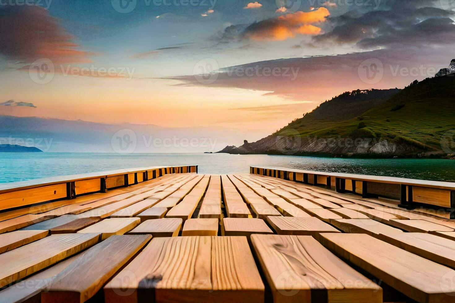 een houten dok met een zonsondergang over- de water. ai-gegenereerd foto