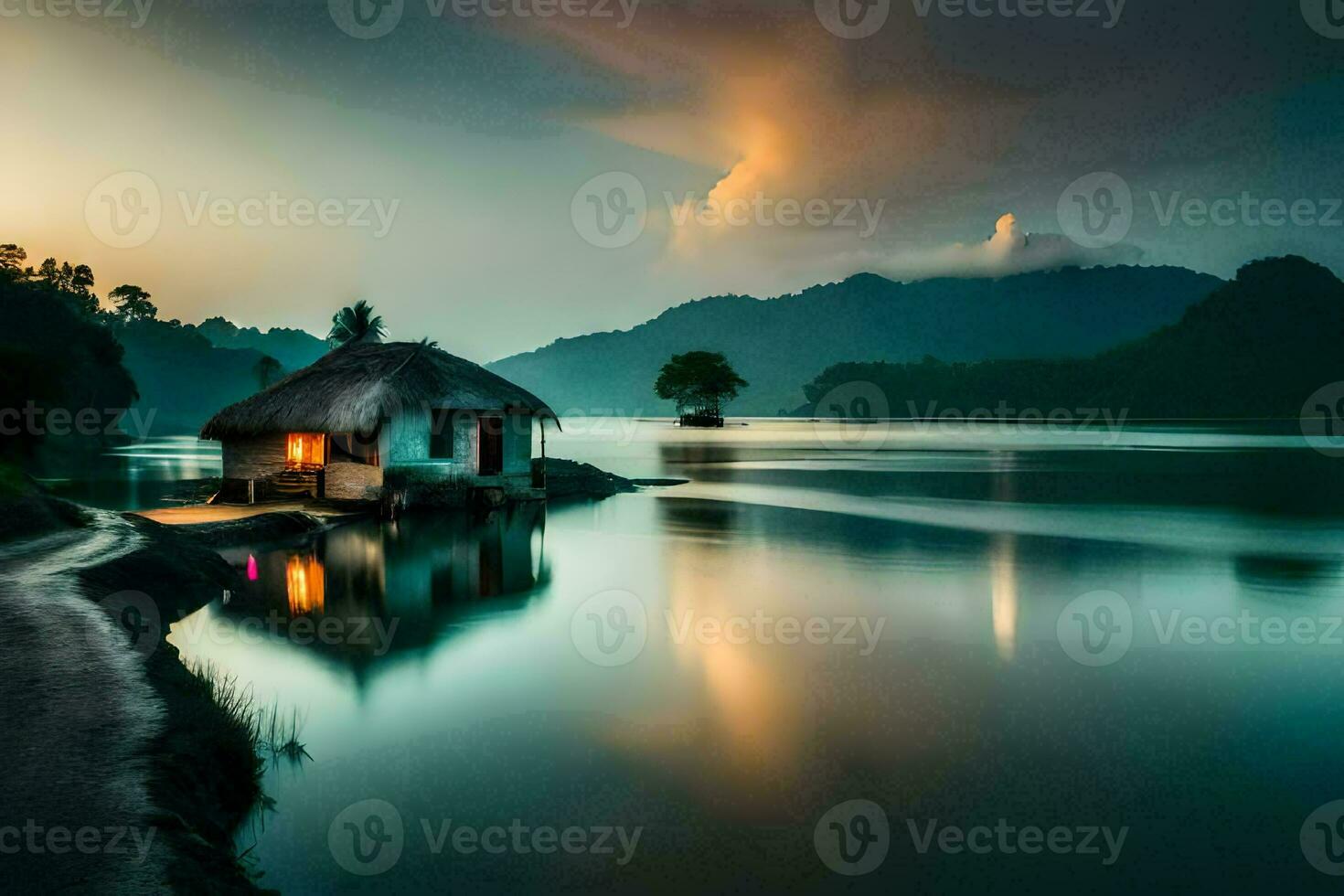 een klein hut zit Aan de kust van een meer Bij zonsondergang. ai-gegenereerd foto