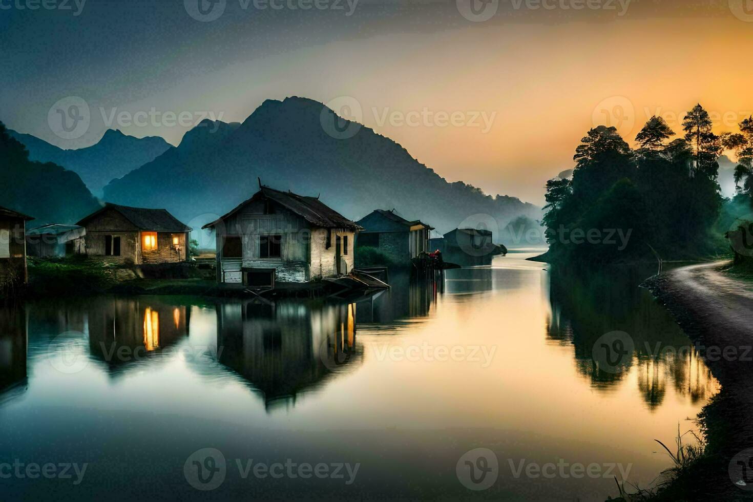 een rivier- in de bergen met huizen en bergen in de achtergrond. ai-gegenereerd foto