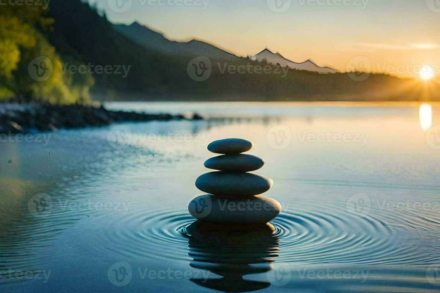 een stack van stenen in de water Bij zonsondergang. ai-gegenereerd foto