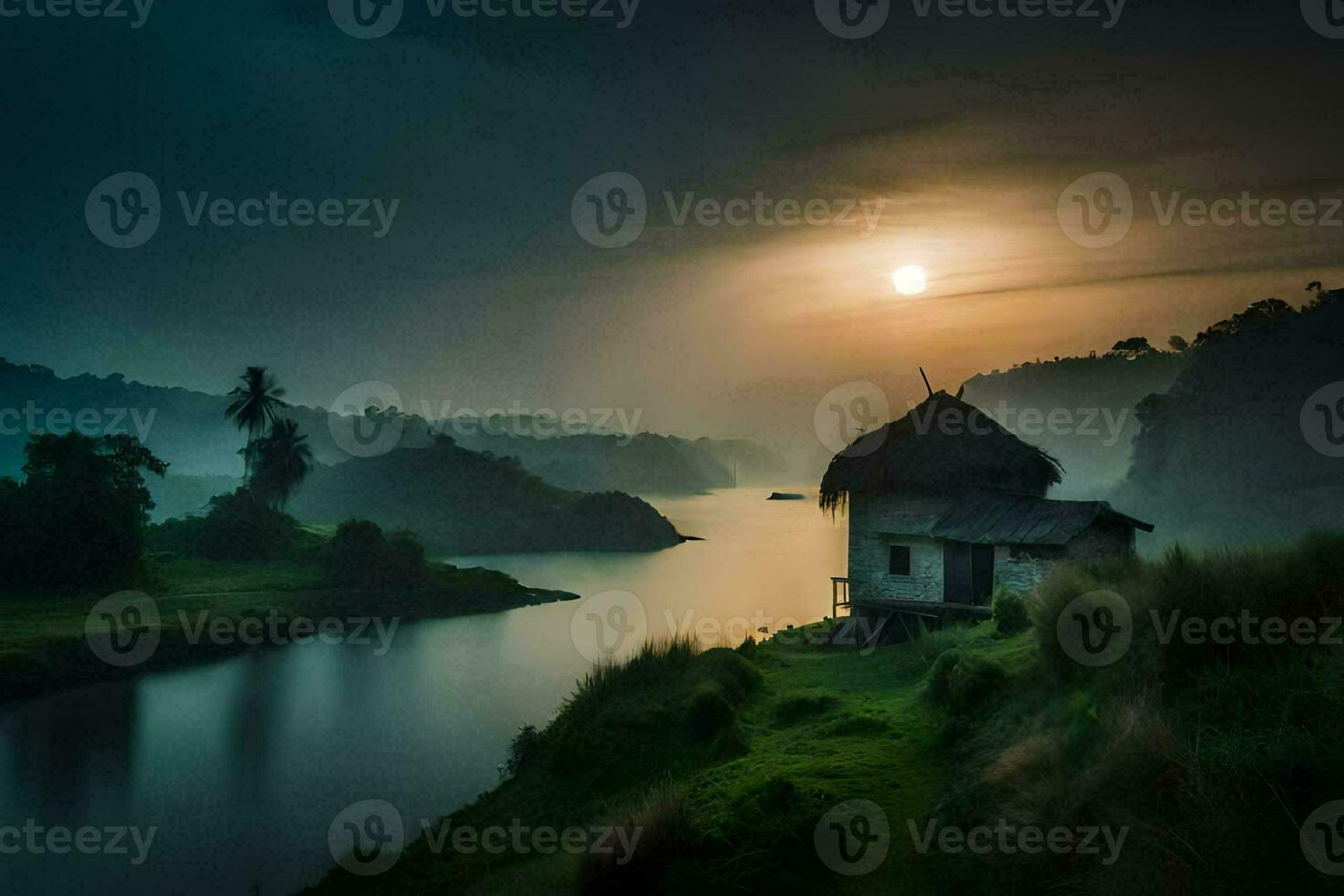 een huis zit Aan de rand van een rivier- in de midden- van een mistig nacht. ai-gegenereerd foto