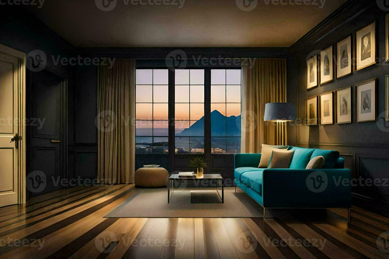 een leven kamer met een blauw bankstel en een visie van de bergen. ai-gegenereerd foto