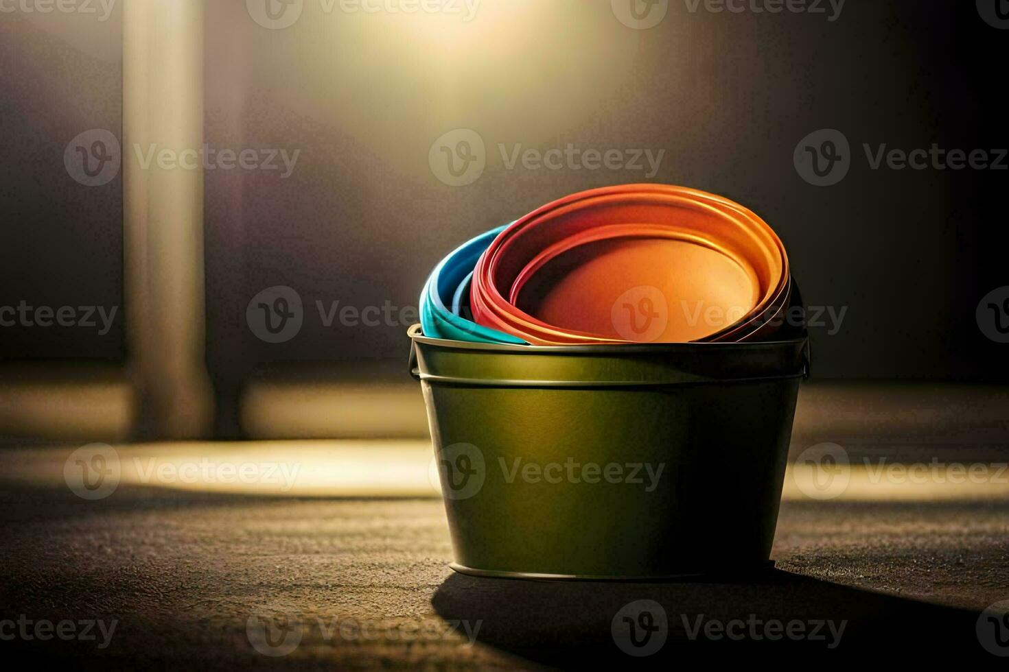 een emmer van kleurrijk plastic cups zittend Aan een tafel. ai-gegenereerd foto