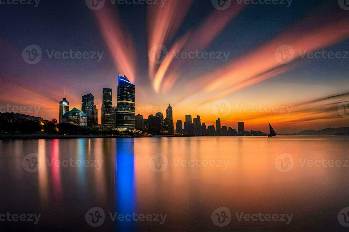 de stad horizon Bij zonsondergang met een kleurrijk lucht. ai-gegenereerd foto