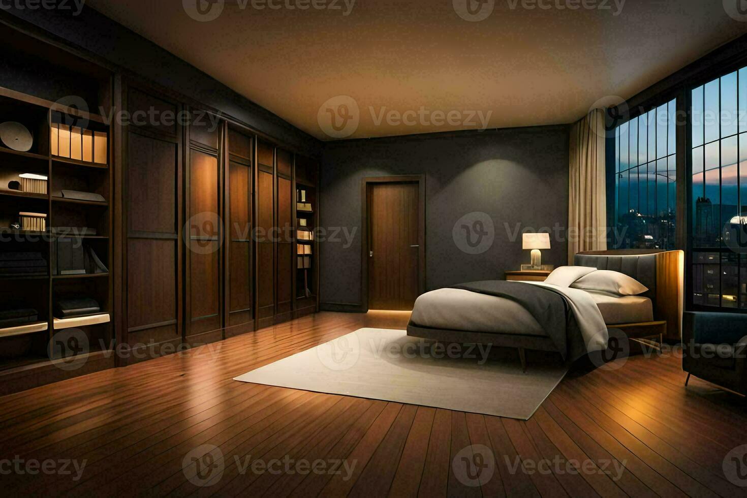 een slaapkamer met een bed, houten vloeren en een stad visie. ai-gegenereerd foto