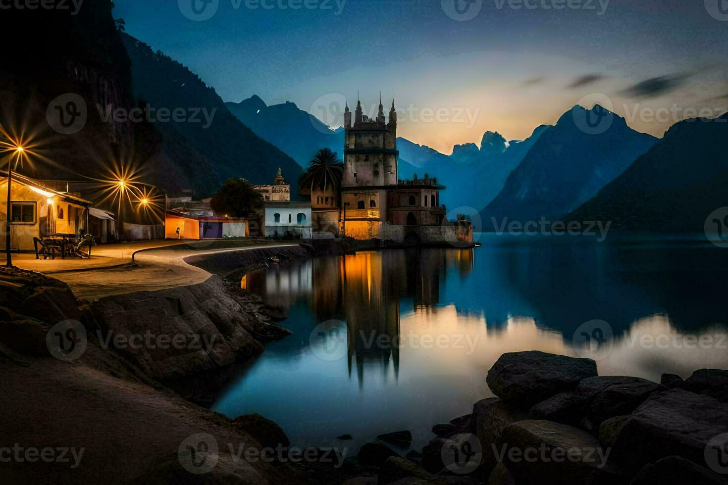 een kerk Aan de kust van een meer Bij nacht. ai-gegenereerd foto