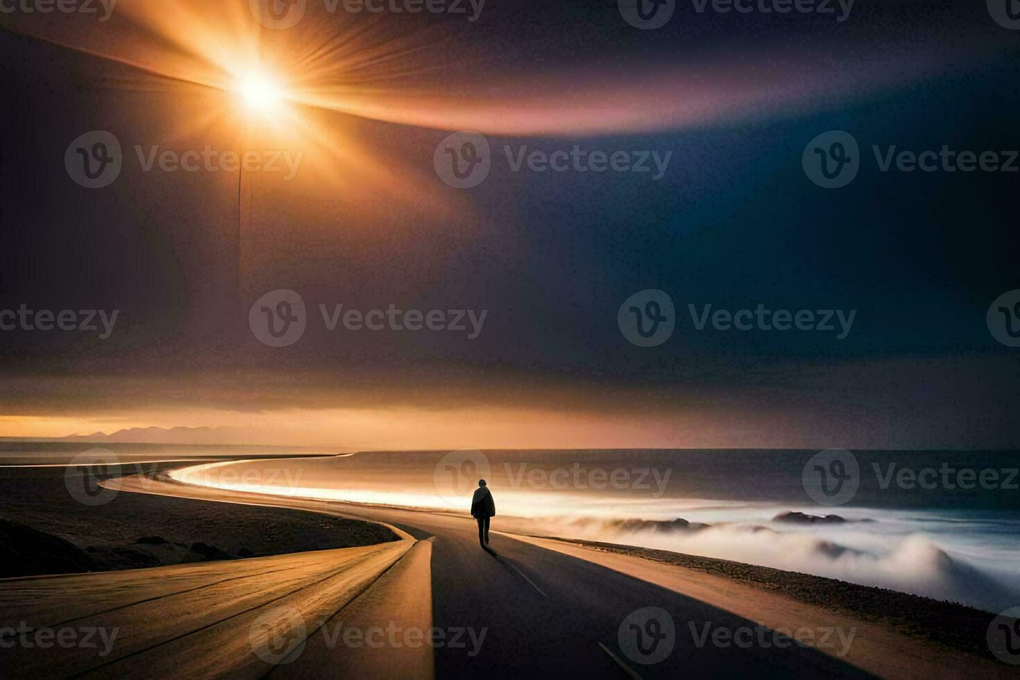 een Mens wandelingen langs de weg in voorkant van de oceaan. ai-gegenereerd foto