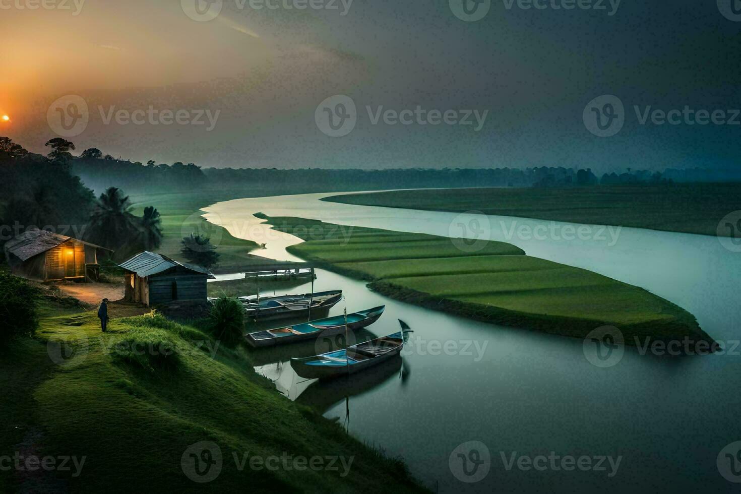 een rivier- Bij zonsondergang met boten aangemeerd Aan de oever. ai-gegenereerd foto