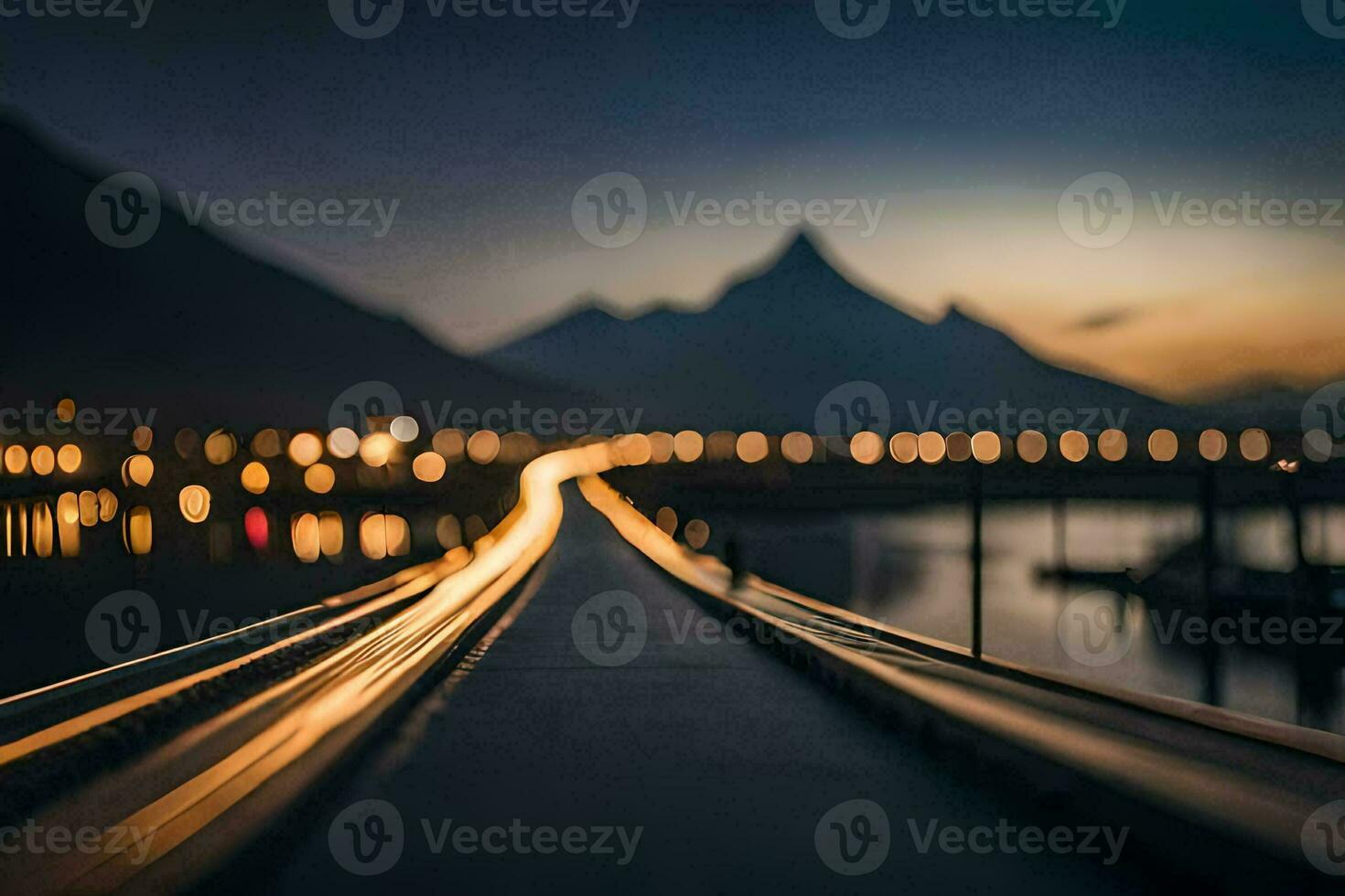 een trein bijhouden met lichten Aan het Bij nacht. ai-gegenereerd foto