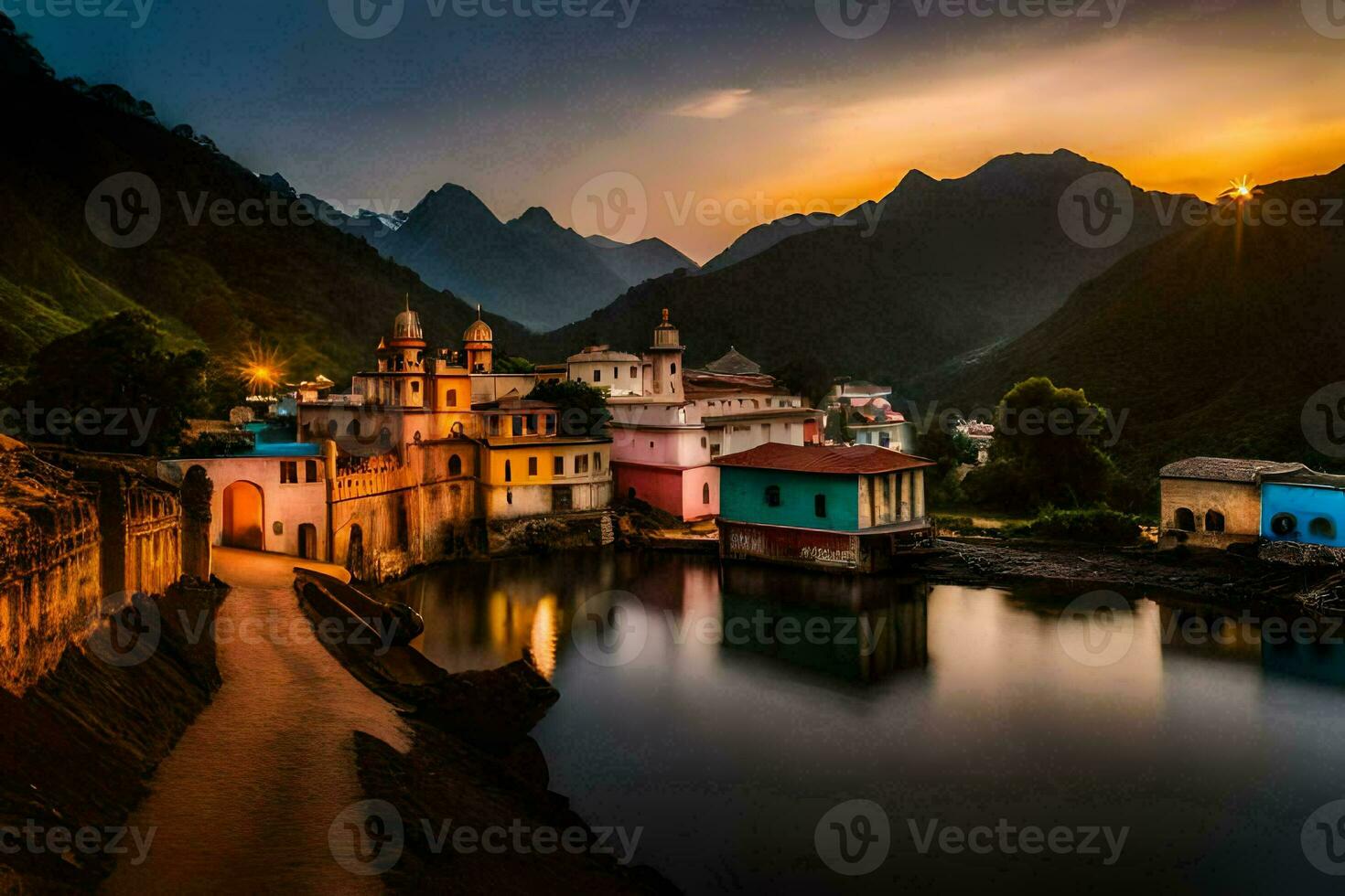 foto behang de lucht, bergen, water, de zon, de bergen, de rivier, de. ai-gegenereerd