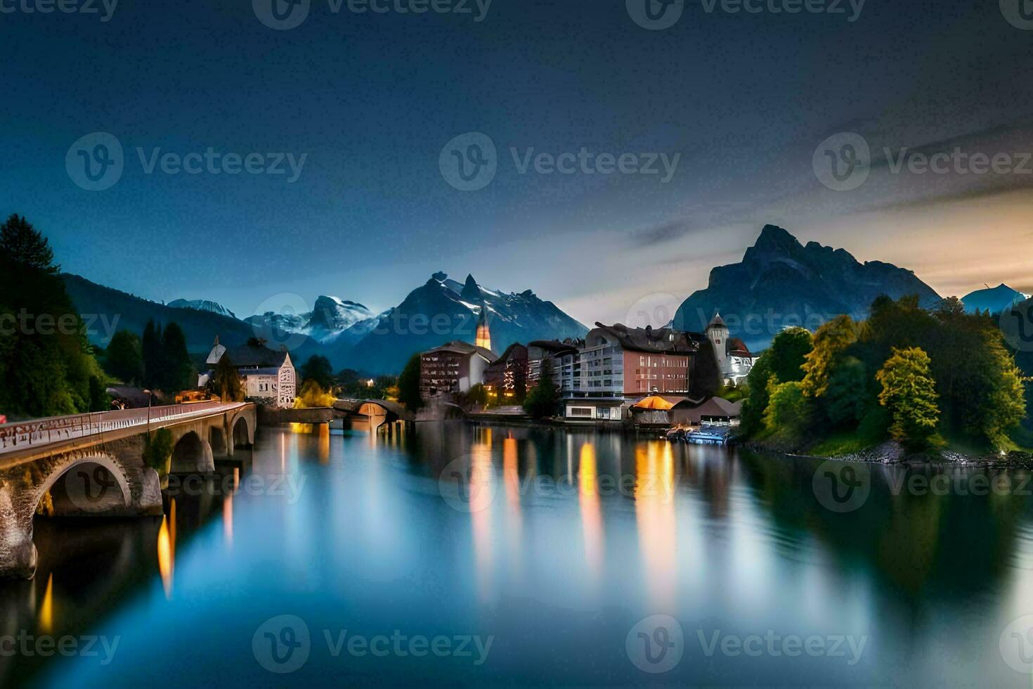 de stad van Luzern, Zwitserland, Bij schemering. ai-gegenereerd foto