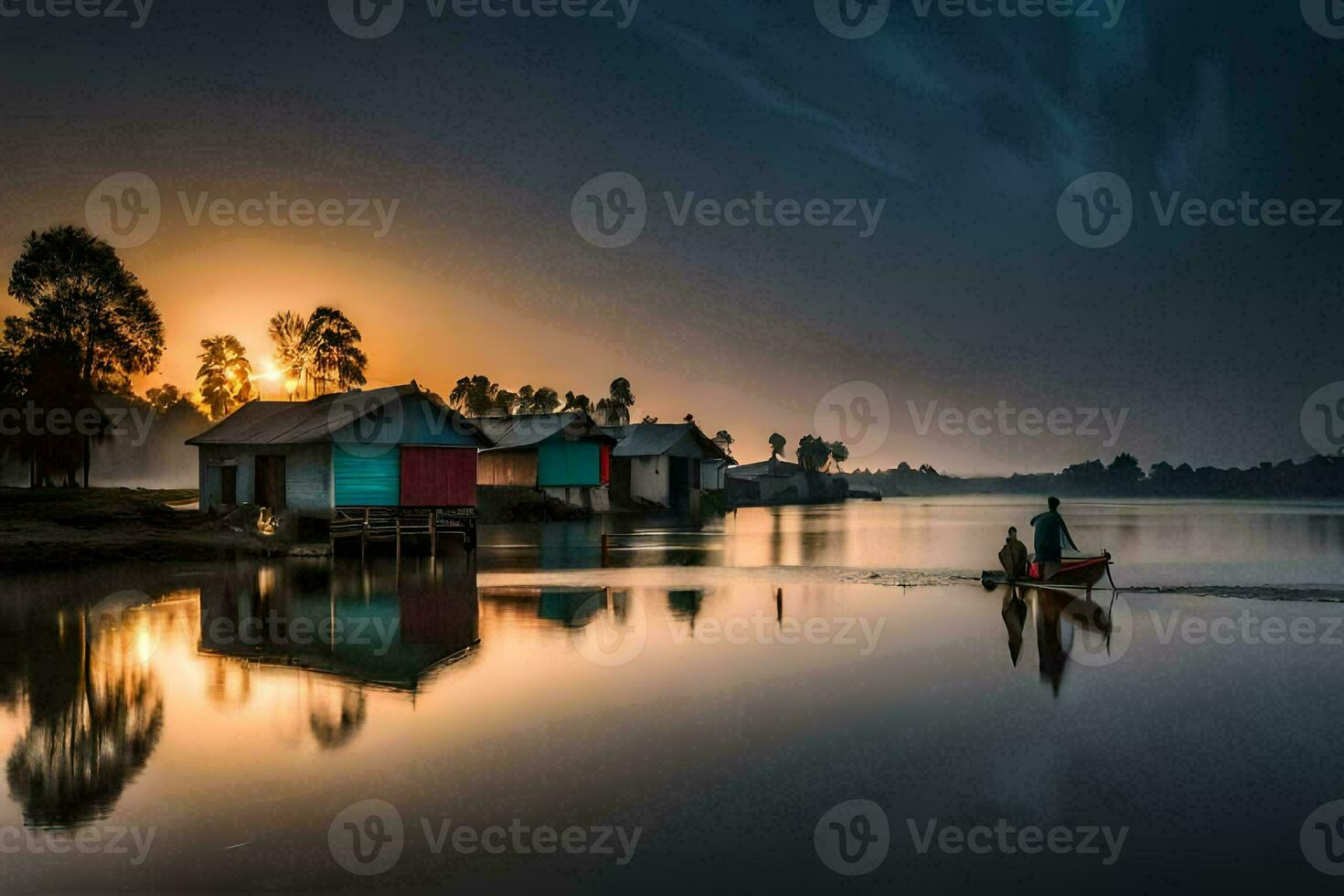 een Mens in een boot is Aan de water Bij zonsondergang. ai-gegenereerd foto