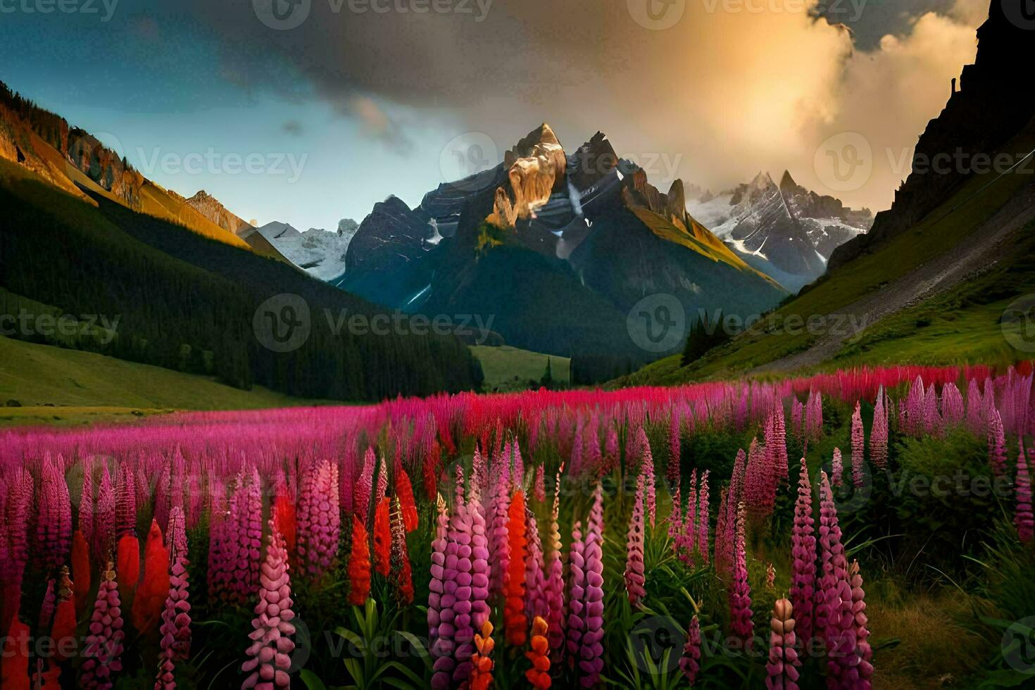 de bloemen van de alpine weide. ai-gegenereerd foto