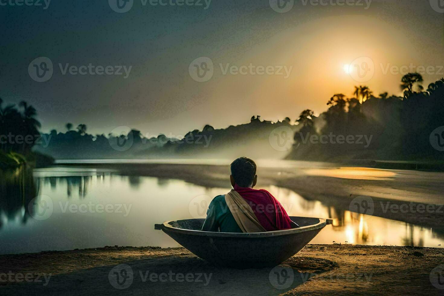 een vrouw zittend in een boot Aan de rivier- Bij zonsopkomst. ai-gegenereerd foto