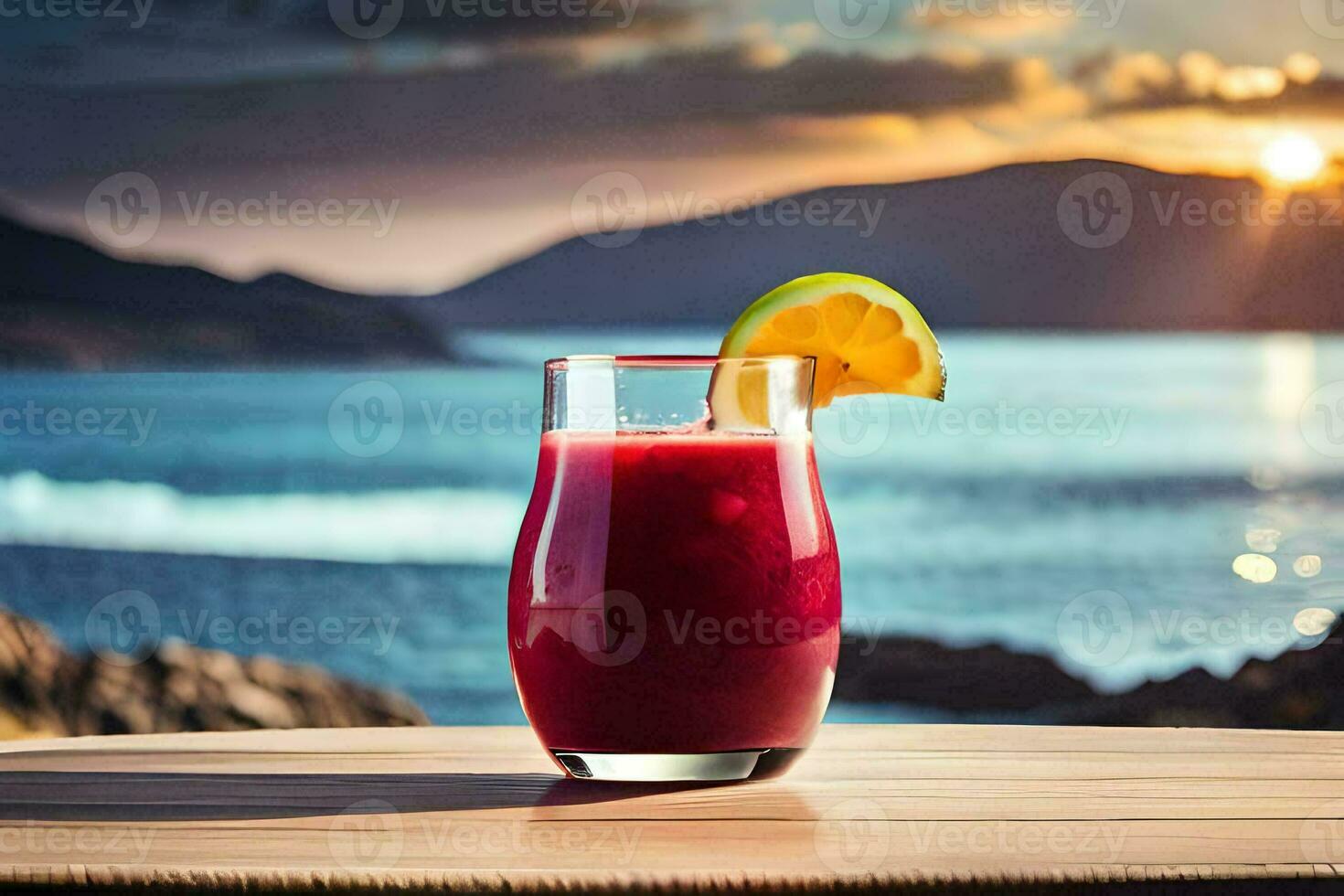 een glas van rood sap met een zonsondergang in de achtergrond. ai-gegenereerd foto