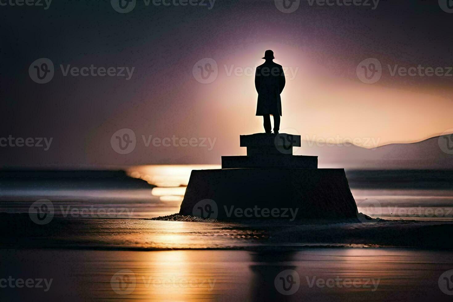 een standbeeld staat Aan een rots in de oceaan Bij zonsondergang. ai-gegenereerd foto