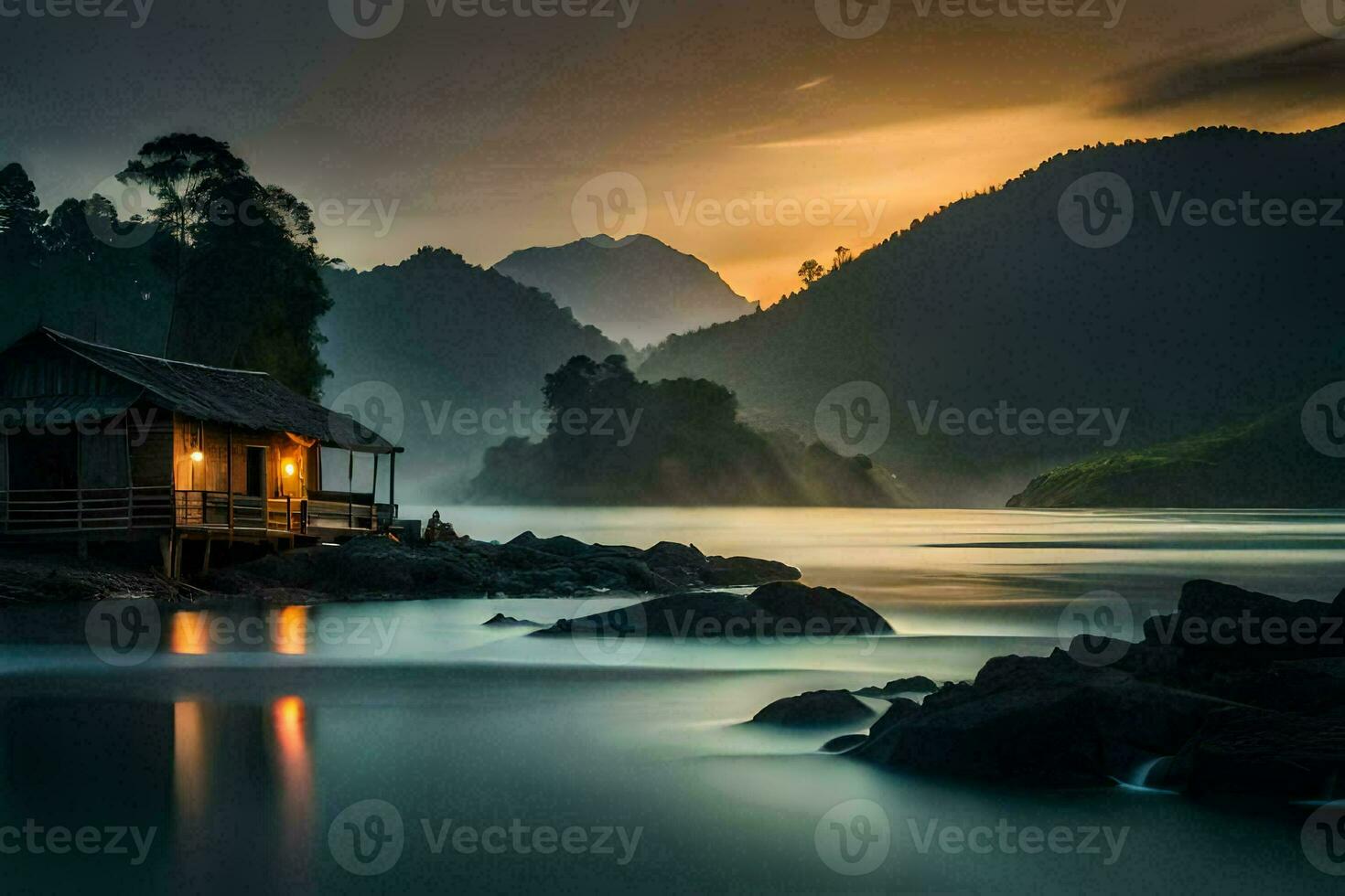de huis Aan de water, de meer, bergen, zonsondergang, de huis, de meer,. ai-gegenereerd foto