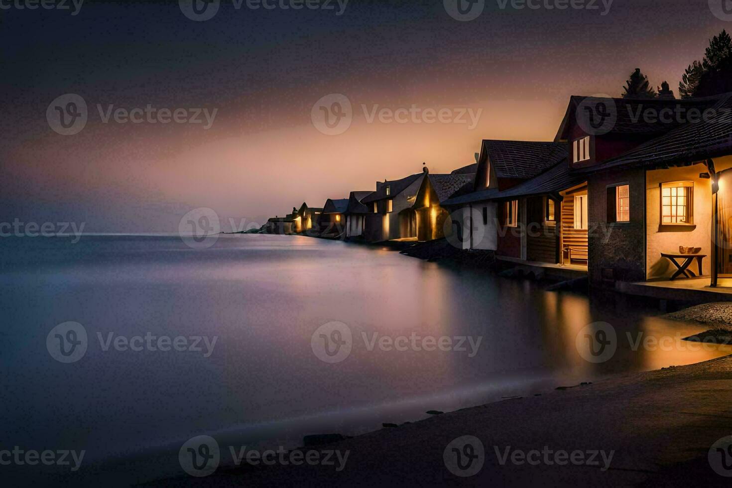 een rij van huizen Aan de kust van een meer Bij schemering. ai-gegenereerd foto