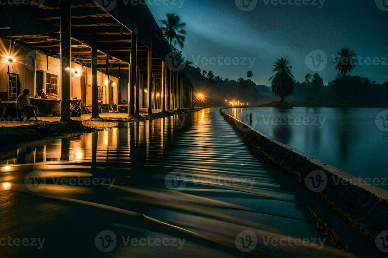 een lang pier met water vloeiende in de water Bij nacht. ai-gegenereerd foto